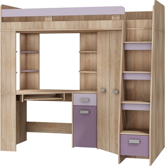 Łóżko piętrowe z biurkiem szafą narożną antresola SOLA P dąb sonoma fiolet