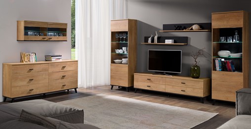 meble JOHN 2 #1 zestaw komoda witryna wisząca szafka RTV półka dąb lefkas