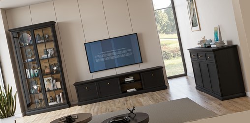 meble LUCCA #2 pokojowe witryna szafka RTV komoda czarny grafit dąb craft