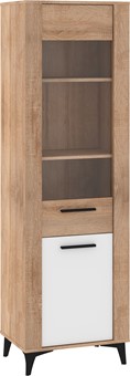meble MIGES 15 wysoka witryna do salonu na nóżkach dąb sonoma biały połysk