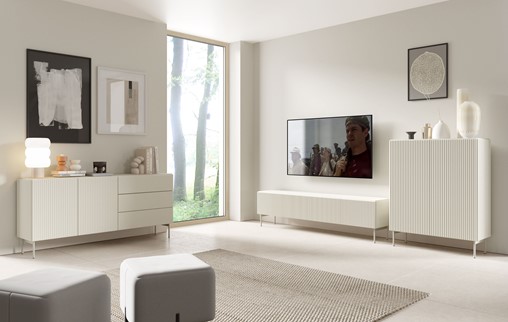 meble MUPPI #4 pokojowe szafka komoda RTV na nóżkach ryfle kaszmir cashmere