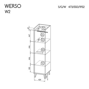 meble WERSO 02 wąska szafa do przedpokoju z półkami drążkiem na nóżkach 47