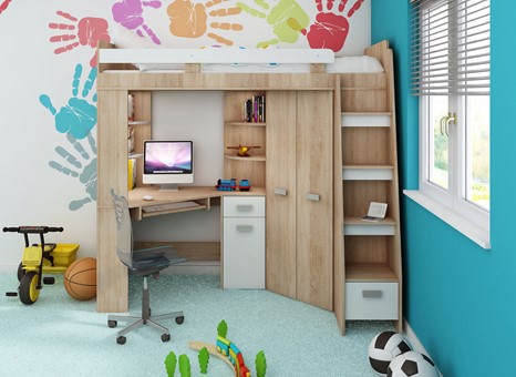 Łóżko piętrowe z biurkiem szafą narożną antresola SOLA P dąb sonoma biały