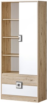 meble NICO 04 regał na książki zabawki z półkami szufladami dąb biały popie