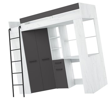 Łóżko piętrowe z biurkiem szafą narożną antresola FLO L craft biały grafit