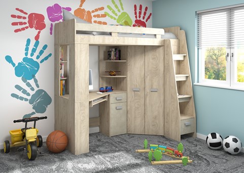 Łóżko piętrowe z biurkiem szafą narożną antresola SOLA P endgrain gr.migdał