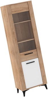 meble MIGES 15 wysoka witryna do salonu na nóżkach dąb sonoma biały połysk