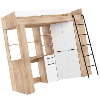 Łóżko piętrowe z biurkiem szafą narożną antresola FLO P dąb sonoma biały