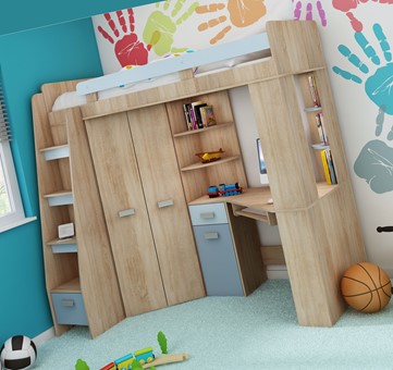 Łóżko piętrowe z biurkiem szafą narożną antresola SOLA L dąb sonoma błękit