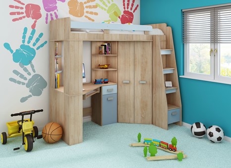Łóżko piętrowe z biurkiem szafą narożną antresola SOLA P dąb sonoma błękit