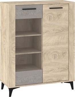meble MIGES 14 niska witryna do salonu na nóżkach dąb endgrain beton szary