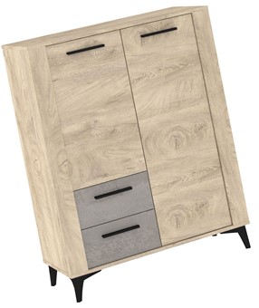 meble MIGES 08 regał z szufladami drzwiami na nóżkach dąb endgrain beton sz