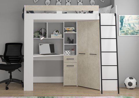 Łóżko piętrowe z biurkiem szafą narożną antresola FLO P biały gran. migdał
