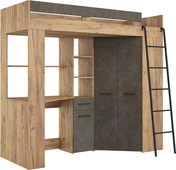 Łóżko piętrowe z biurkiem szafą narożną antresola FLO P craft złoty gr brąz