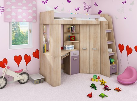 Łóżko piętrowe z biurkiem szafą narożną antresola SOLA P dąb sonoma fiolet