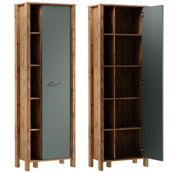 meble INDYGO R1D wąski regał z półkami drzwiami zamknięty dąb wotan zieleń