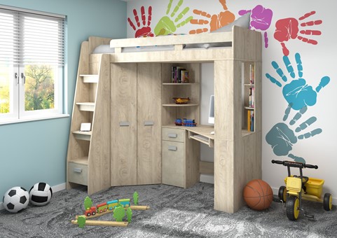 Łóżko piętrowe z biurkiem szafą narożną antresola SOLA L endgrain gr.migdał