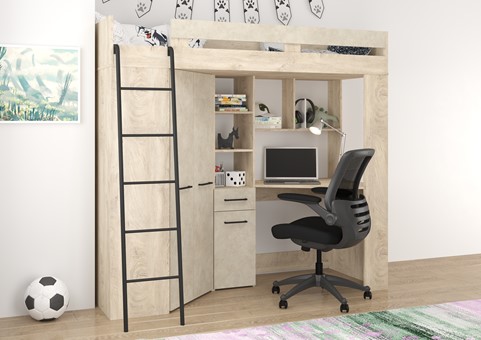 Łóżko piętrowe z biurkiem szafą narożną antresola FLO L endgrain gr. migdał