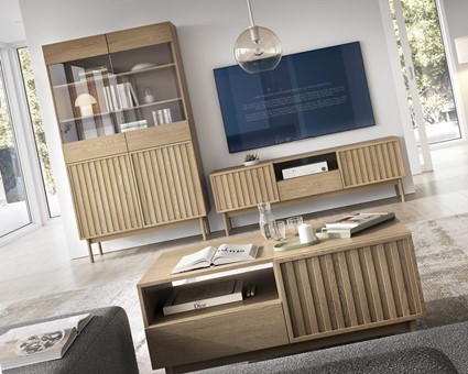 meble SAORI #1 pokojowe witryna komoda szafka RTV stolik kawowy dąb cremona