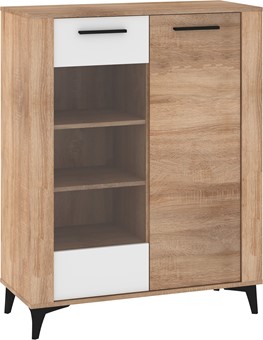 meble MIGES 14 niska witryna do salonu na nóżkach dąb sonoma biały połysk