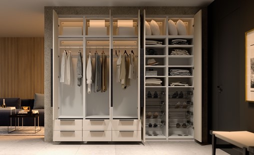 meble COMBO #3 duża szafa z nadstawką zabudowa garderoby beż z ośw. LED