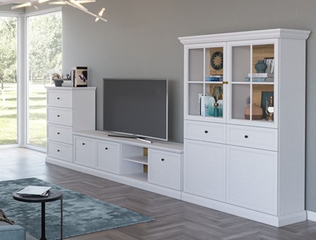 meble LUCCA #1 pokojowe witryna szafka RTV komoda biały opal dąb craft