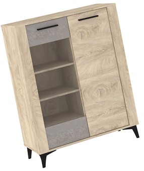 meble MIGES 14 niska witryna do salonu na nóżkach dąb endgrain beton szary