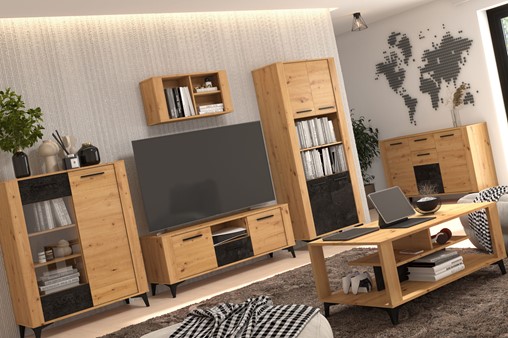meble MIGES #1 pokojowe witryna komoda RTV półka regał artisan beton czarny