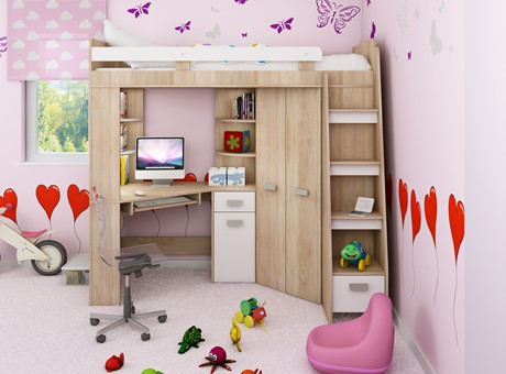 Łóżko piętrowe z biurkiem szafą narożną antresola SOLA P dąb sonoma biały