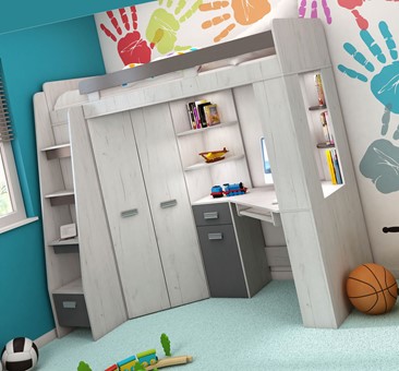 Łóżko piętrowe z biurkiem szafą narożną antresola SOLA L craft biały grafit