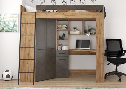 Łóżko piętrowe z biurkiem szafą narożną antresola FLO L craft złoty gr brąz