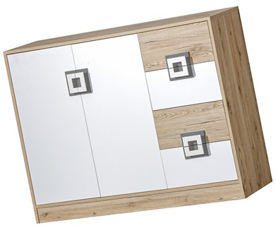 meble NICO 08 duża komoda z szufladami drzwiami młodzieżowa dąb biały popie