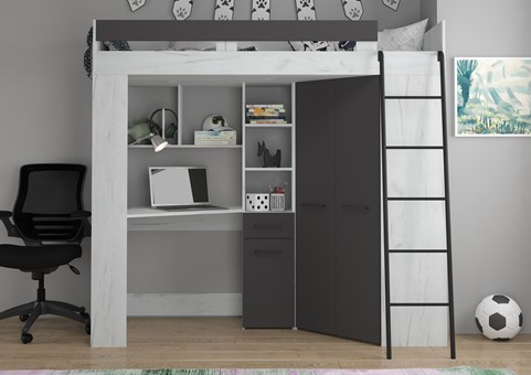 Łóżko piętrowe z biurkiem szafą narożną antresola FLO P craft biały grafit