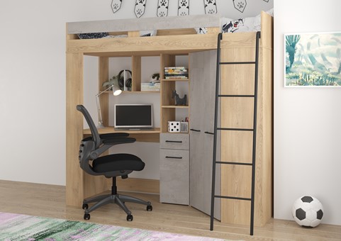 Łóżko piętrowe z biurkiem szafą narożną antresola FLO P dąb cremona beton
