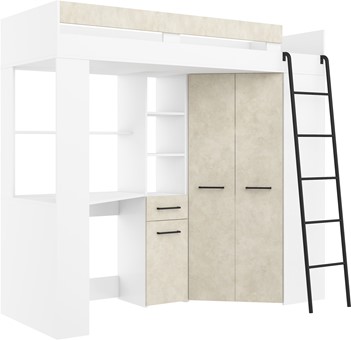 Łóżko piętrowe z biurkiem szafą narożną antresola FLO P biały gran. migdał