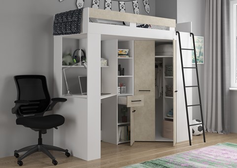 Łóżko piętrowe z biurkiem szafą narożną antresola FLO P biały gran. migdał