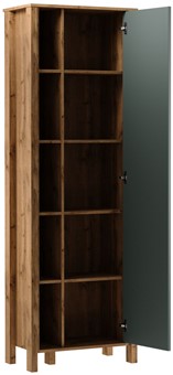 meble INDYGO R1D wąski regał z półkami drzwiami zamknięty dąb wotan zieleń