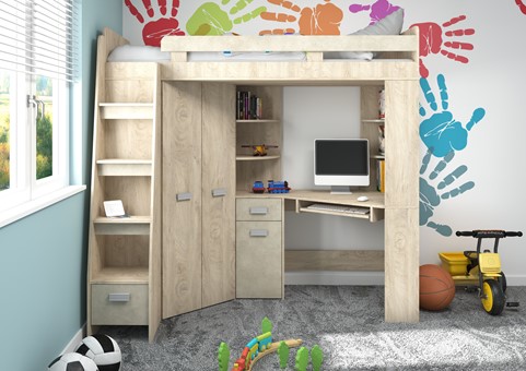 Łóżko piętrowe z biurkiem szafą narożną antresola SOLA L endgrain gr.migdał