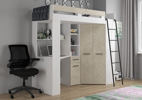 Łóżko piętrowe z biurkiem szafą narożną antresola FLO P biały gran. migdał