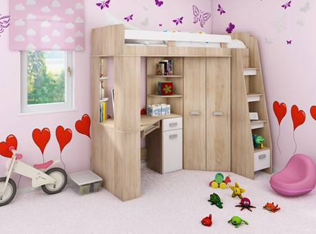 Łóżko piętrowe z biurkiem szafą narożną antresola SOLA P dąb sonoma biały
