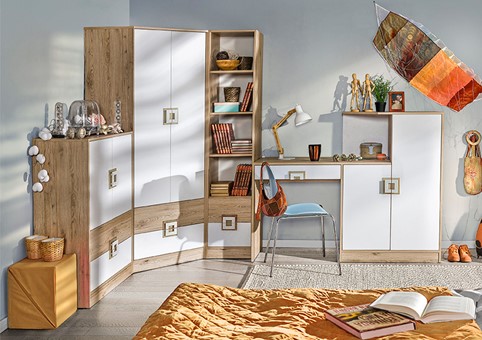 meble NICO #4 młodzieżowe komoda szafa narożna regał biurko dąb biały dąb