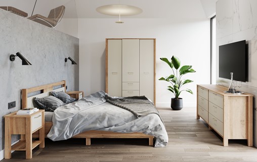 meble INDYGO #2 sypialnia łóżko 160 szafa komoda z szufladami dąb wotan beż