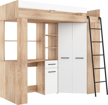 Łóżko piętrowe z biurkiem szafą narożną antresola FLO P dąb sonoma biały