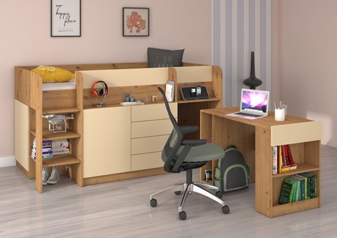 Łóżko piętrowe biurko komoda z szufladami antresola EMI L dąb artisan krem
