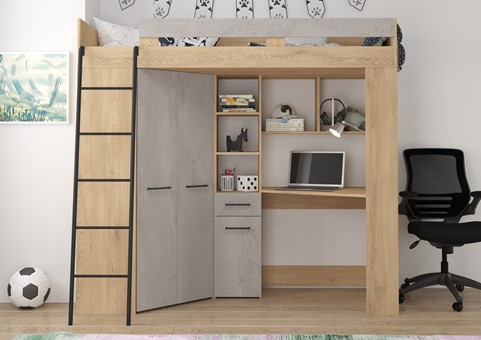 Łóżko piętrowe z biurkiem szafą narożną antresola FLO L dąb cremona beton