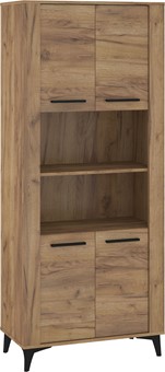 meble MIGES 09 wysoki regał z półkami drzwiami na nóżkach dąb craft złoty