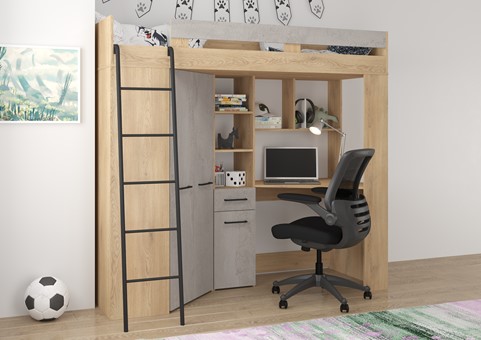 Łóżko piętrowe z biurkiem szafą narożną antresola FLO L dąb cremona beton