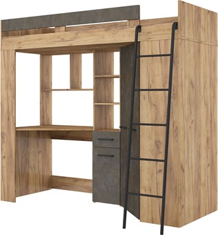 Łóżko piętrowe z biurkiem szafą narożną antresola FLO P craft złoty gr brąz