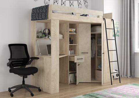 Łóżko piętrowe z biurkiem szafą narożną antresola FLO P endgrain gr. migdał
