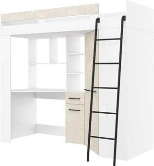 Łóżko piętrowe z biurkiem szafą narożną antresola FLO P biały gran. migdał
